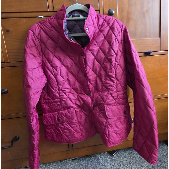 Eddie Bauer Size Large Red Goose Down Quilted Snap Up Collar Pockets Warm - Picture 1 of 8